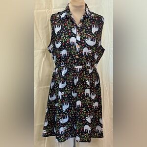 Black Sloth Print Dress With Collar